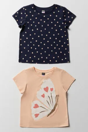 2 Pack Butterfly Short Sleeve T-Shirts Navy & Peach