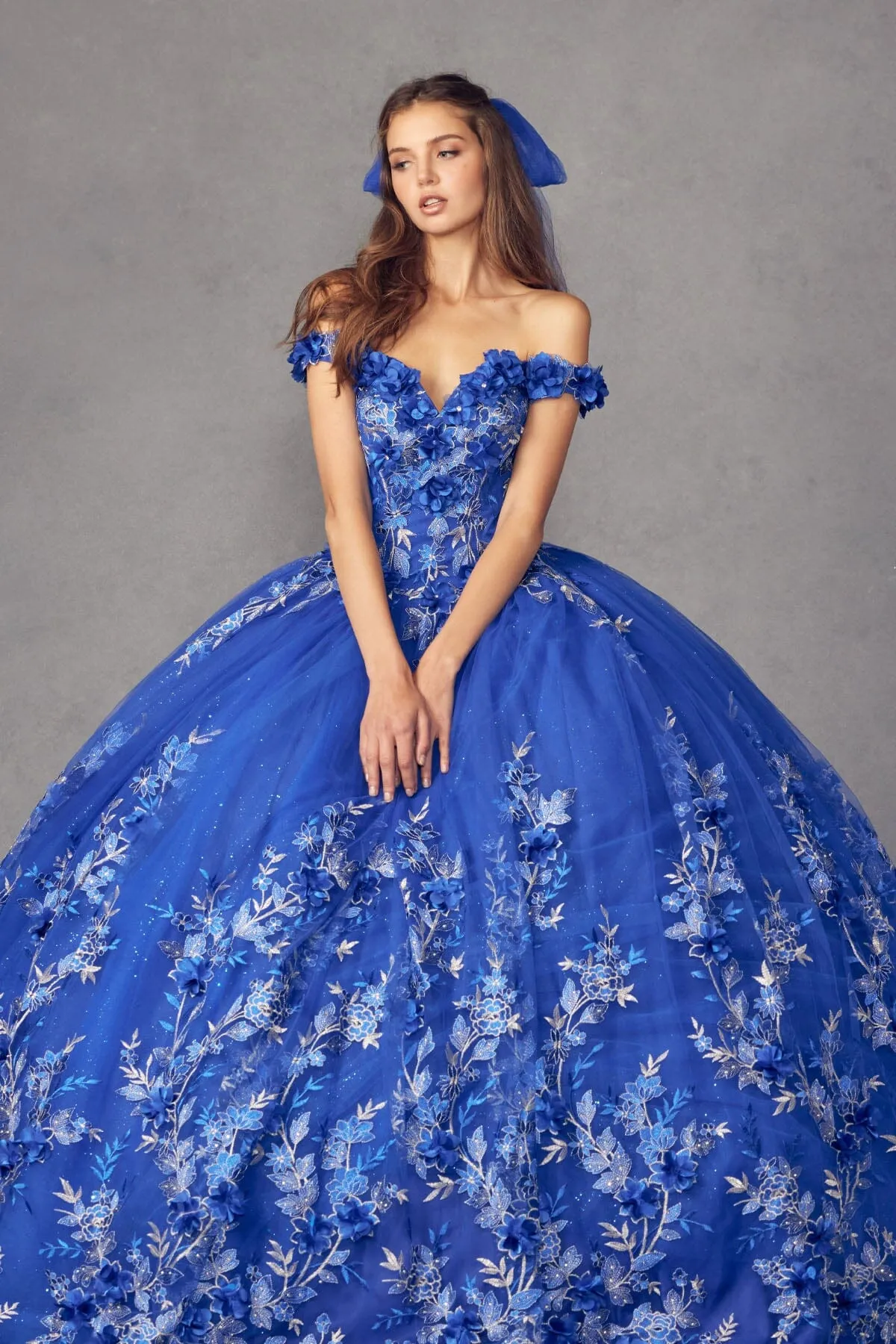 3D Floral Applique Off Shoulder Ball Gown by Juliet 1447