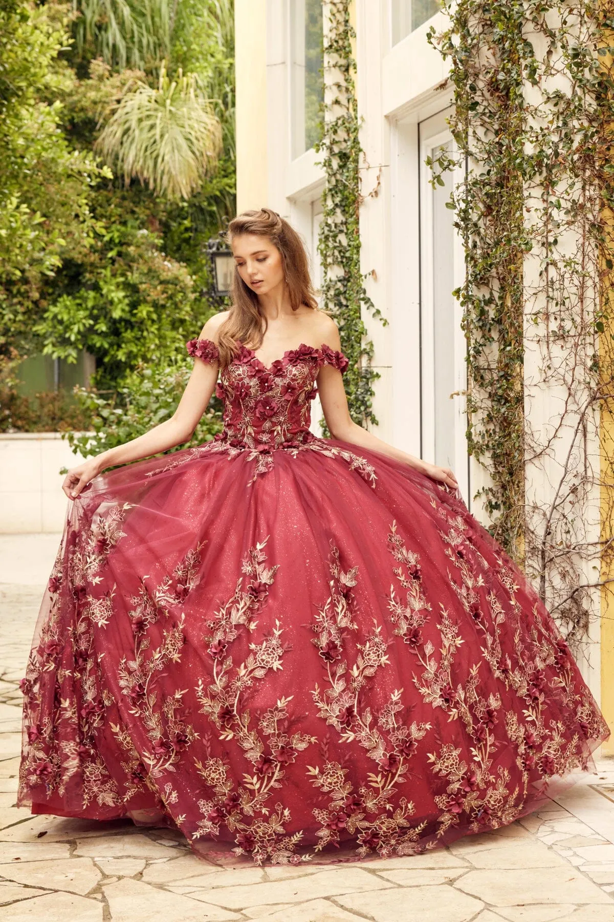 3D Floral Applique Off Shoulder Ball Gown by Juliet 1447