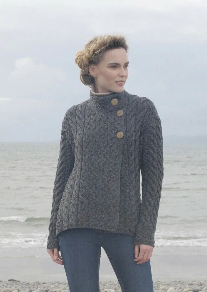 Aran 3 Buttons Trellis Cardigan | Charcoal