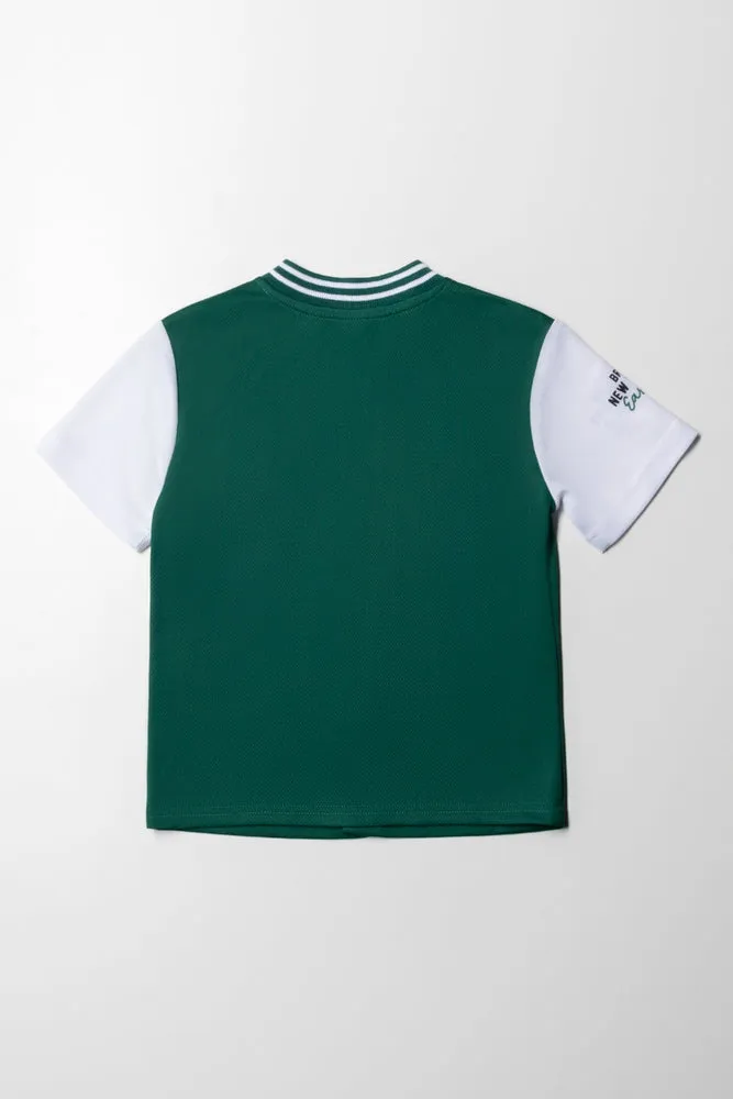 Baseball Button Through T-Shirt Green & White