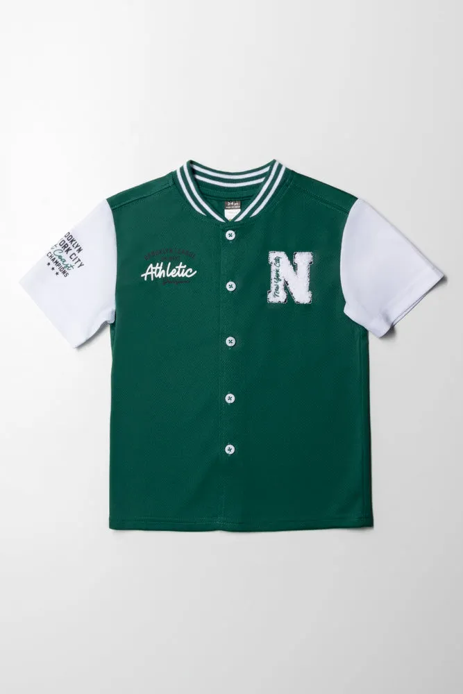 Baseball Button Through T-Shirt Green & White