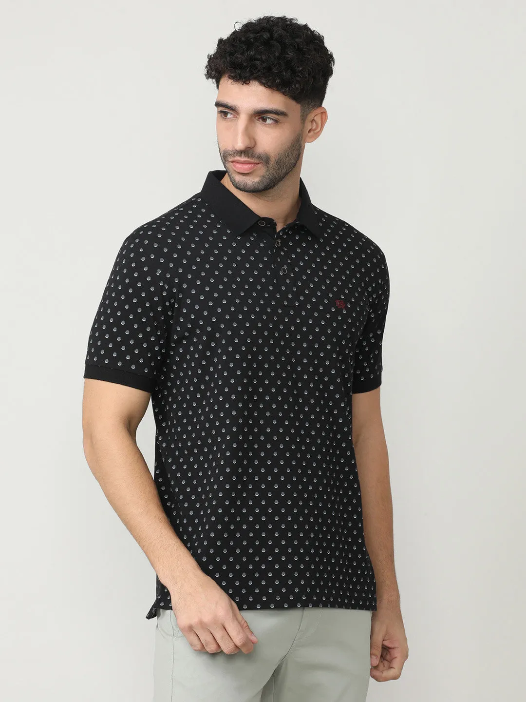 Black Pique Lycra Micro Printed Polo T-shirt