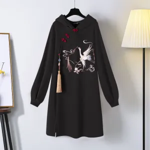 Blessing Swan Embroidery Hoodie Sweatshirt Dress - Embrace Elegance! 🦢👗