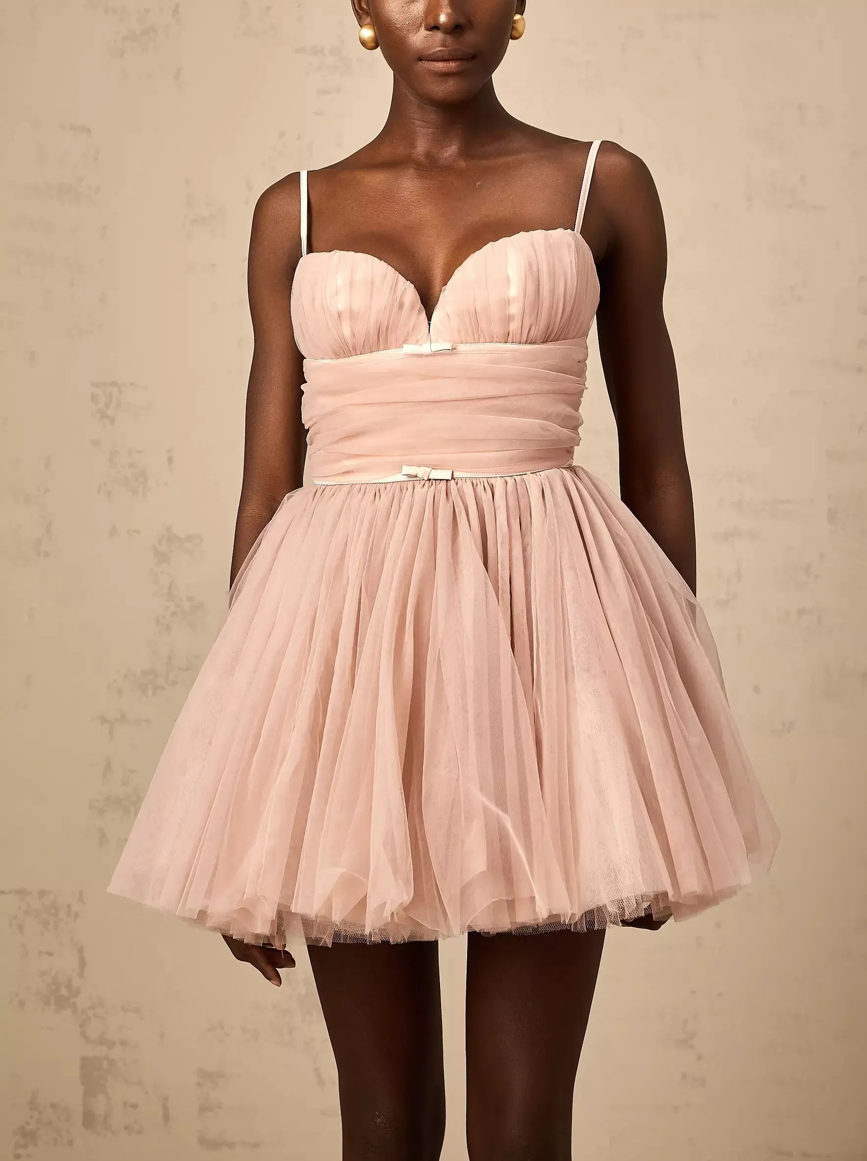 Bow-Detail Sleeveless Tulle Flared Mini Dress