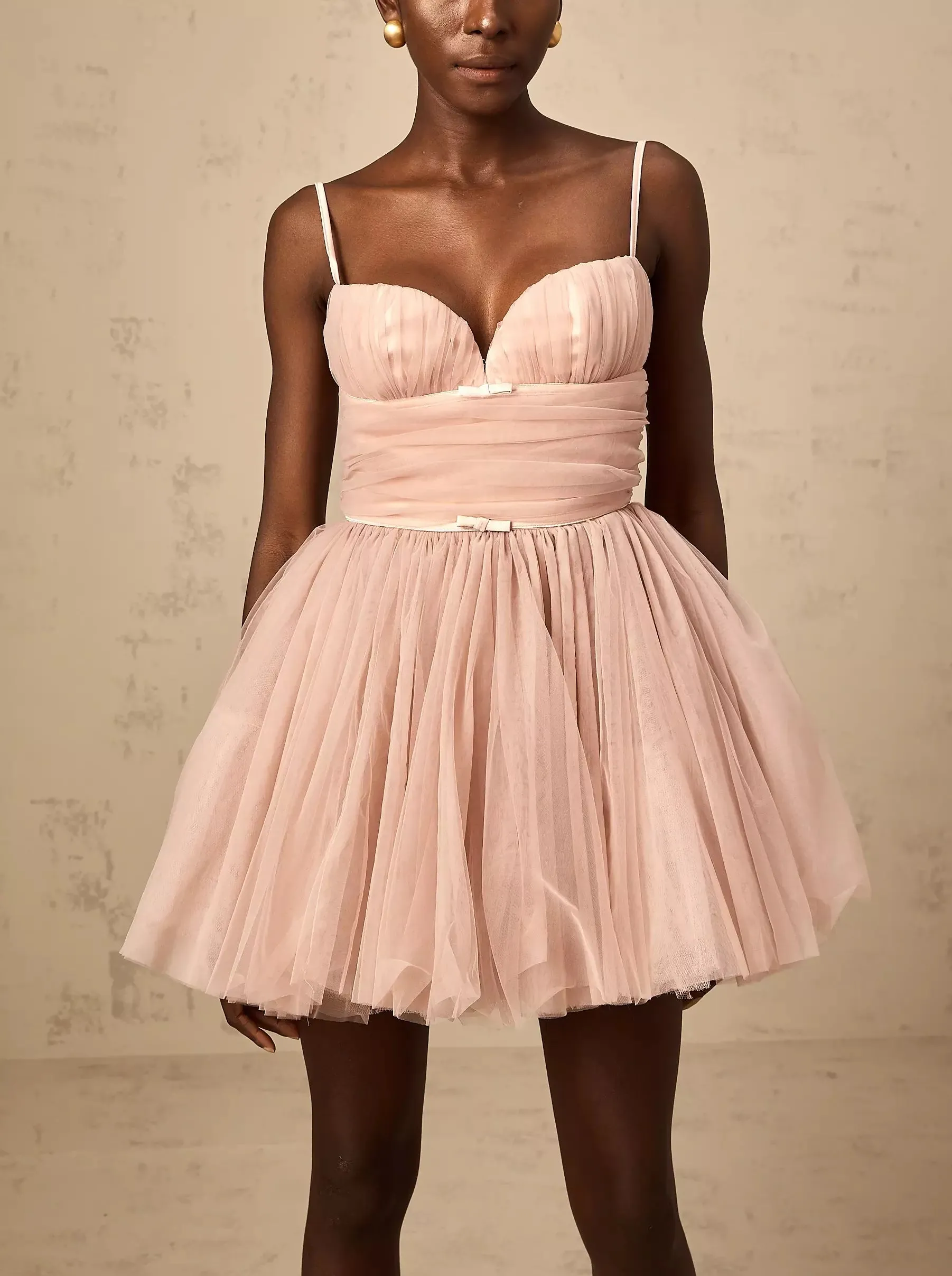 Bow-Detail Sleeveless Tulle Flared Mini Dress