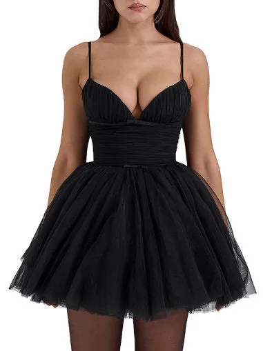 Bow-Detail Sleeveless Tulle Flared Mini Dress