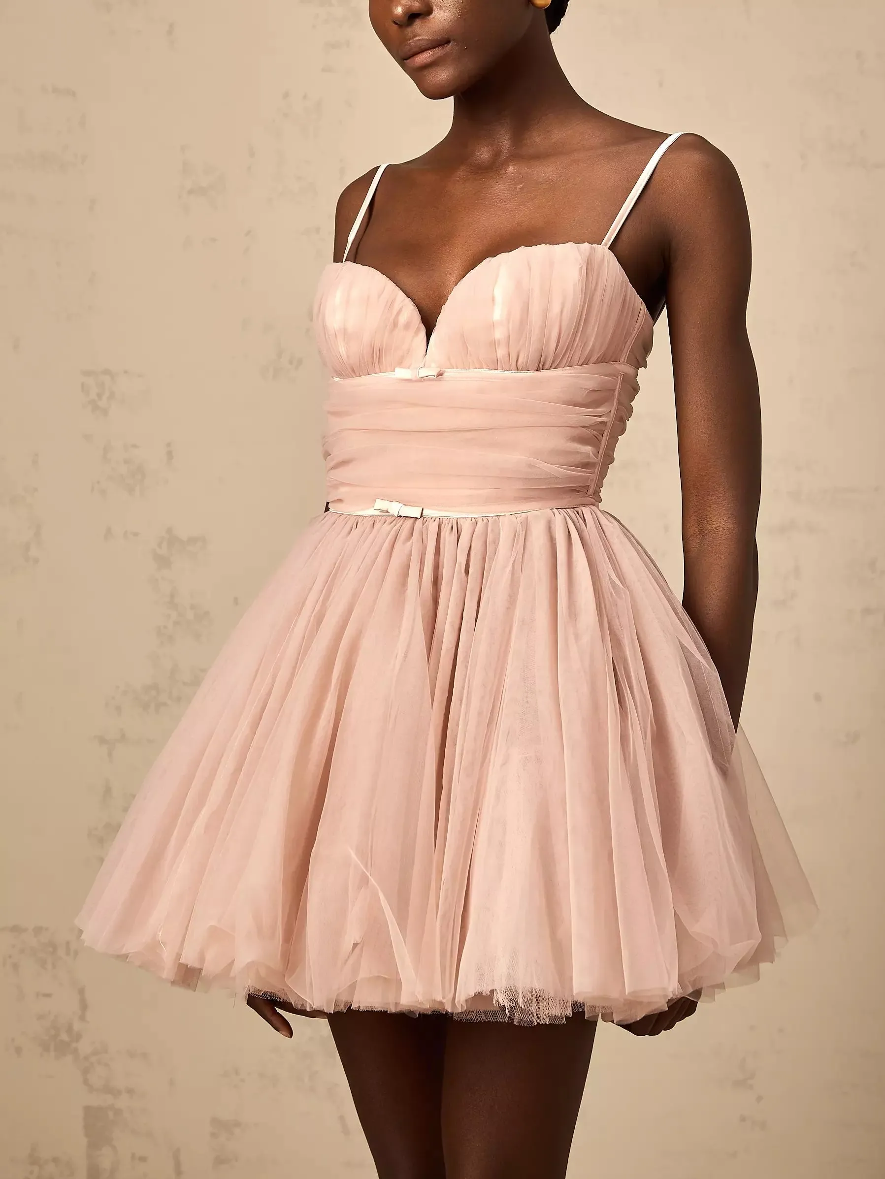 Bow-Detail Sleeveless Tulle Flared Mini Dress