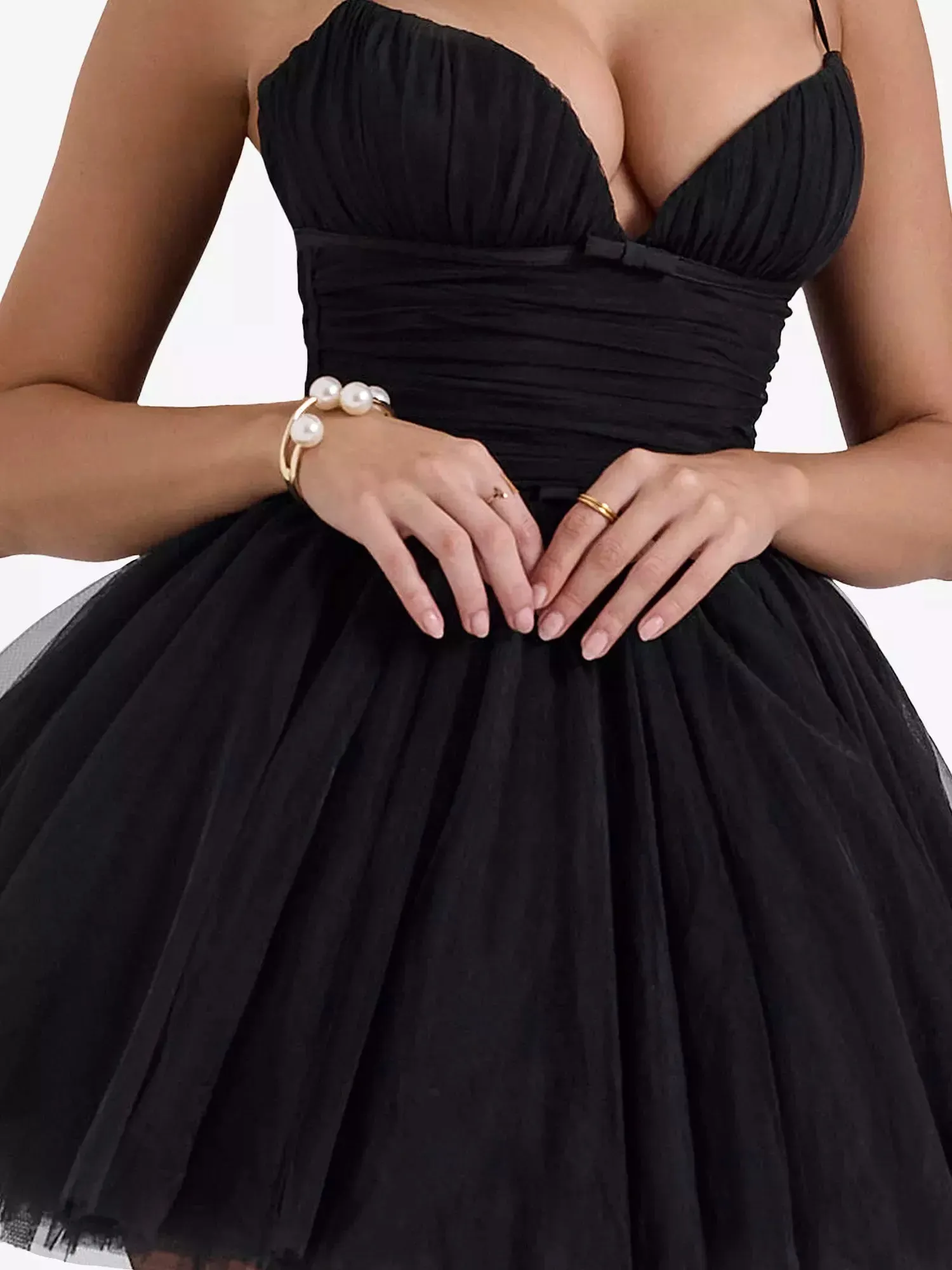 Bow-Detail Sleeveless Tulle Flared Mini Dress