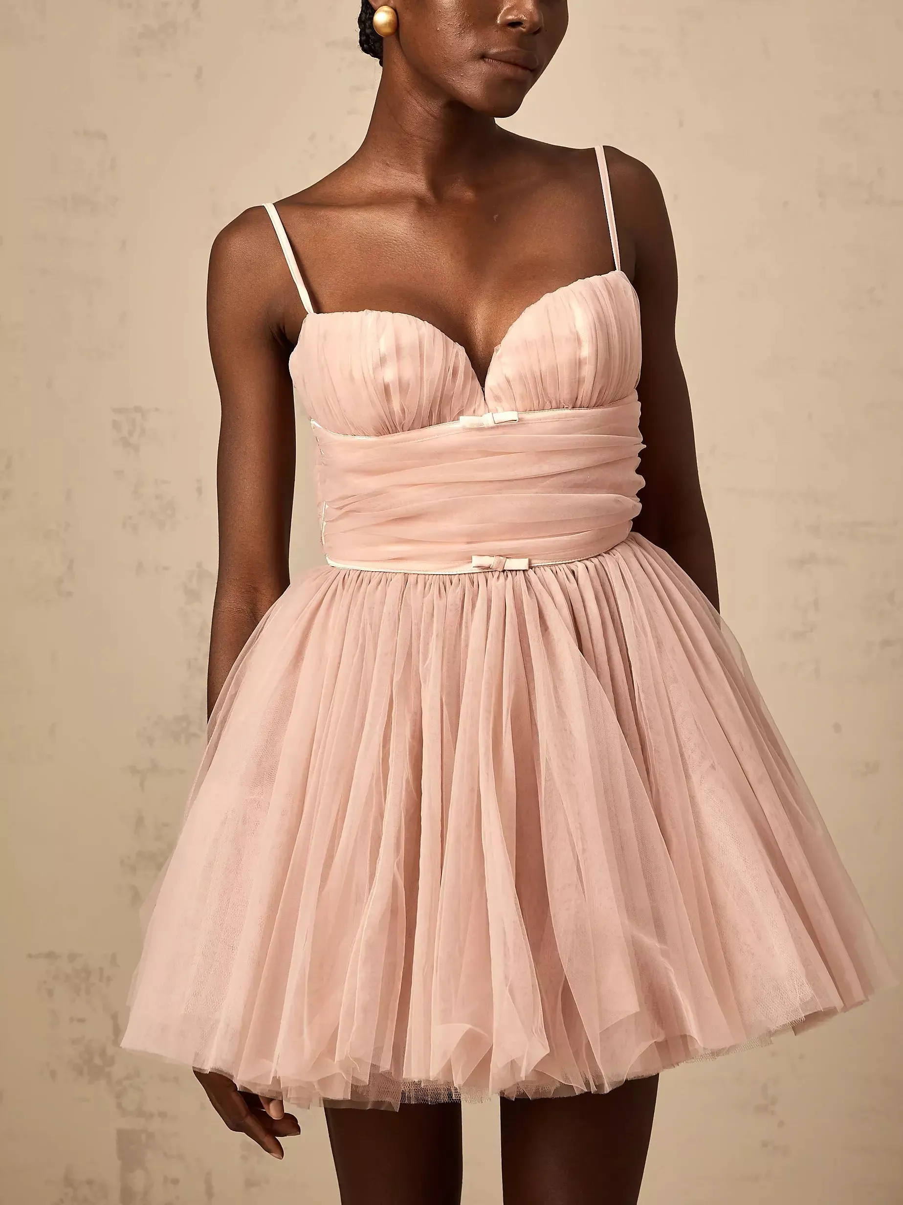 Bow-Detail Sleeveless Tulle Flared Mini Dress