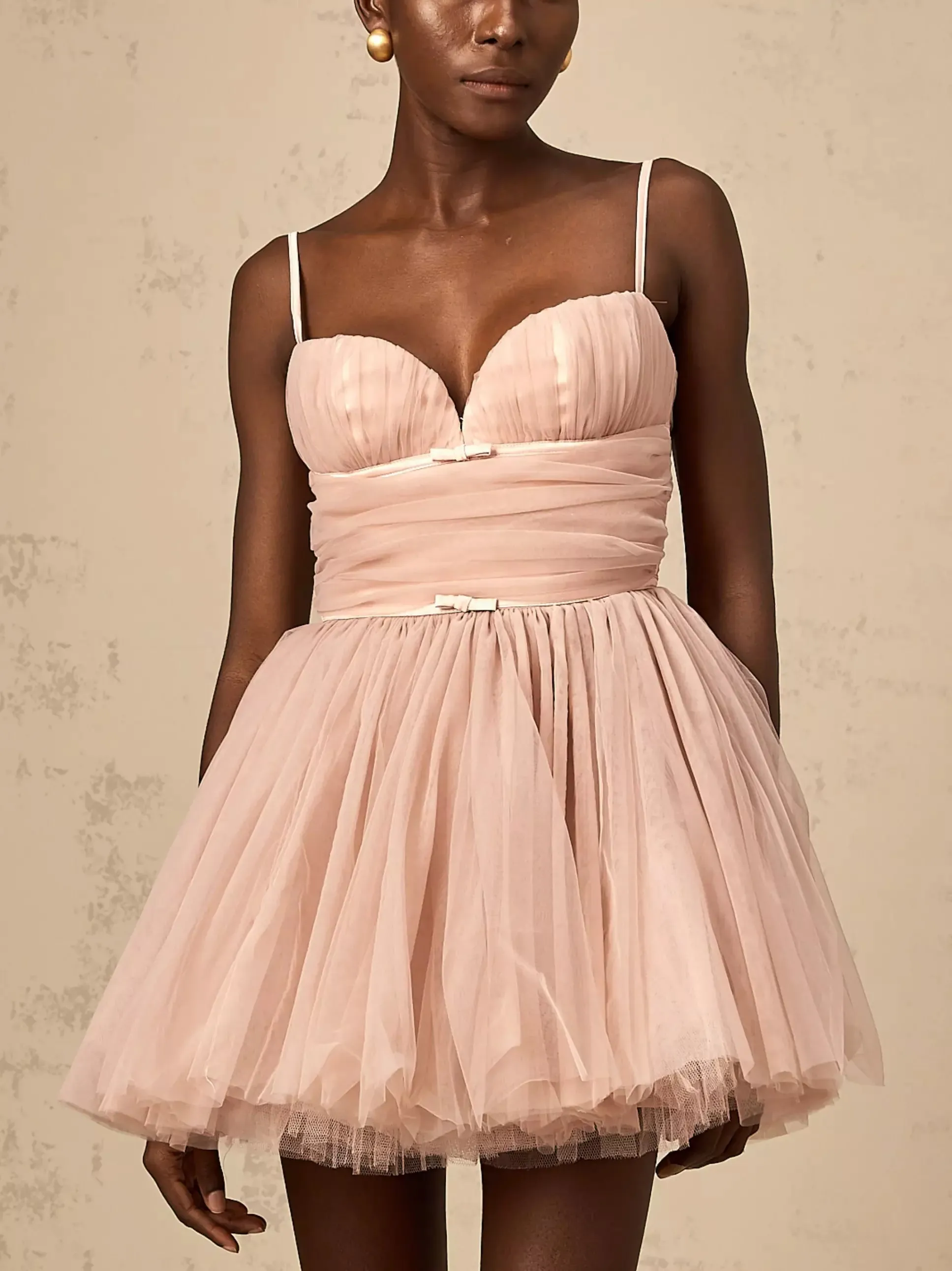 Bow-Detail Sleeveless Tulle Flared Mini Dress