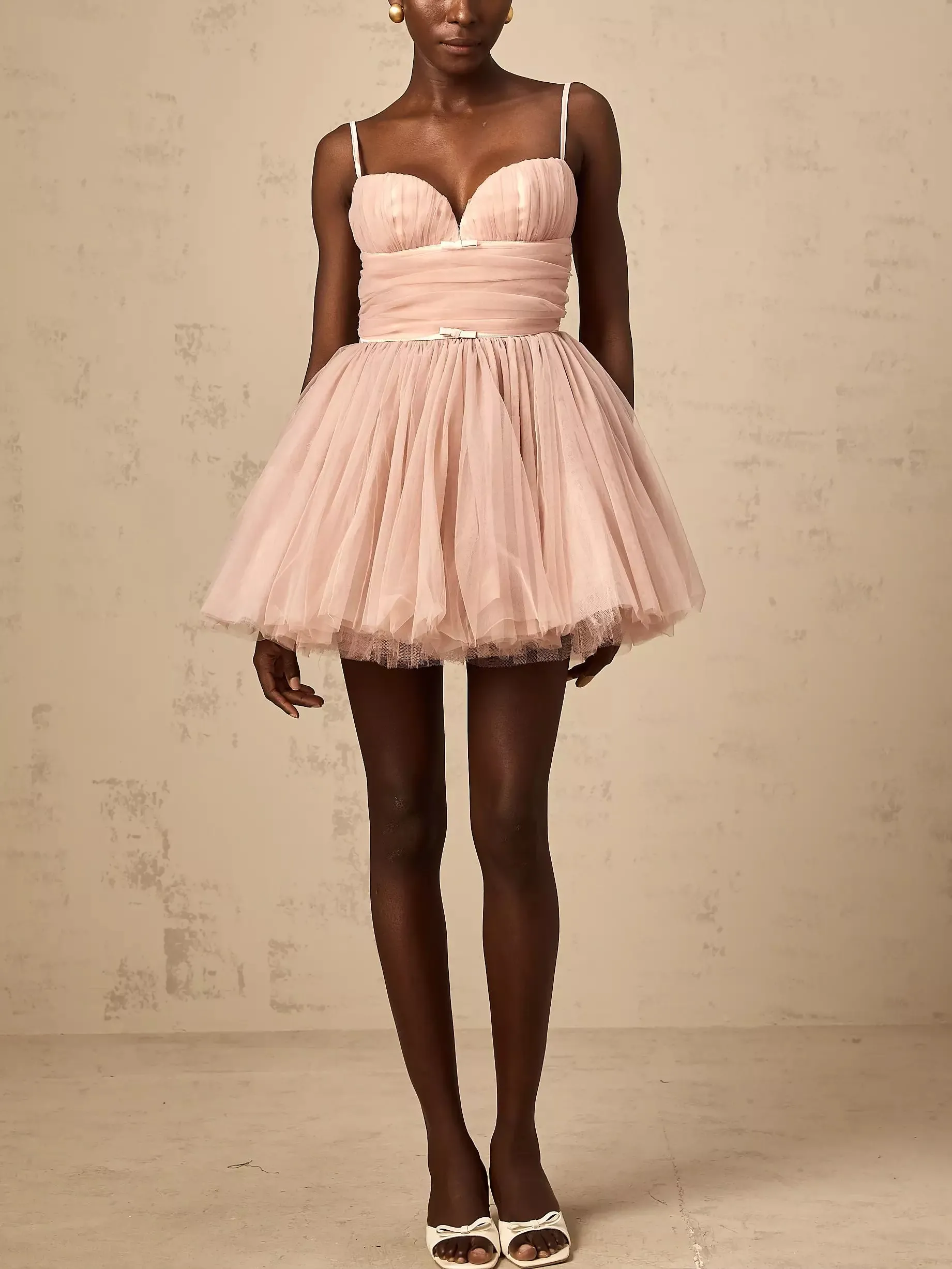 Bow-Detail Sleeveless Tulle Flared Mini Dress