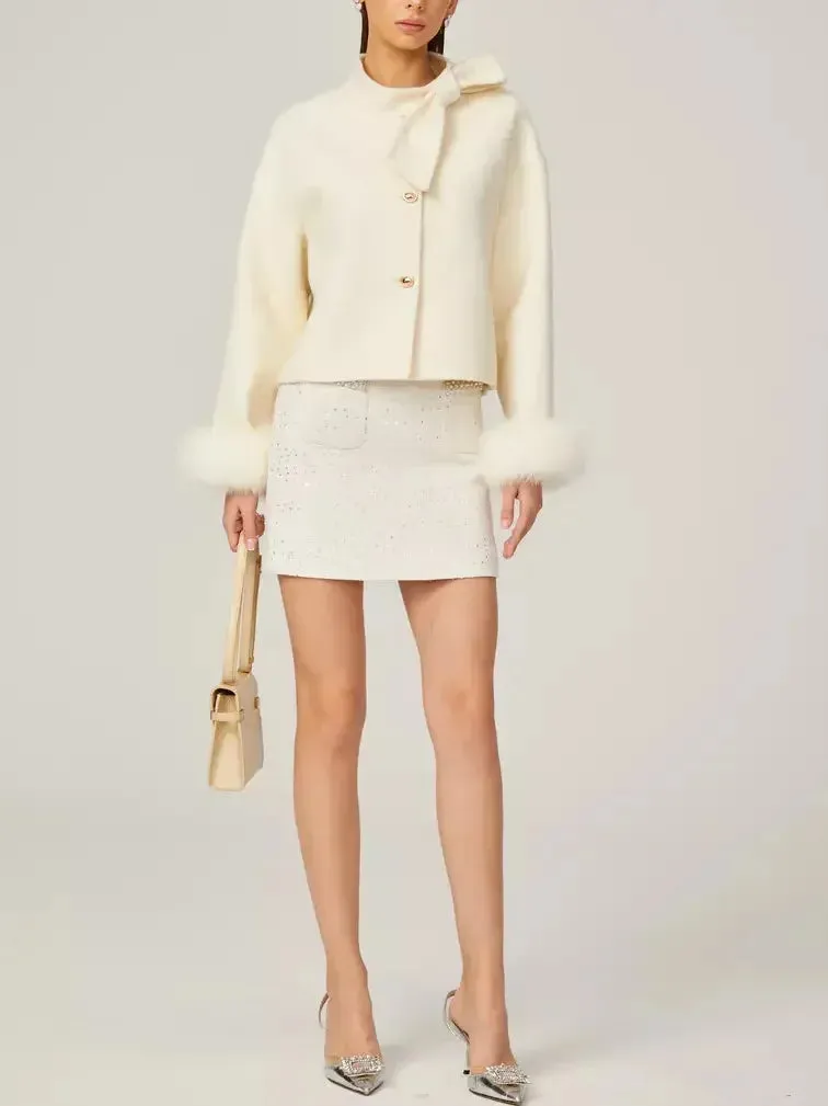 Bow-Neck Cropped Wool Jacket with Fur Cuffs