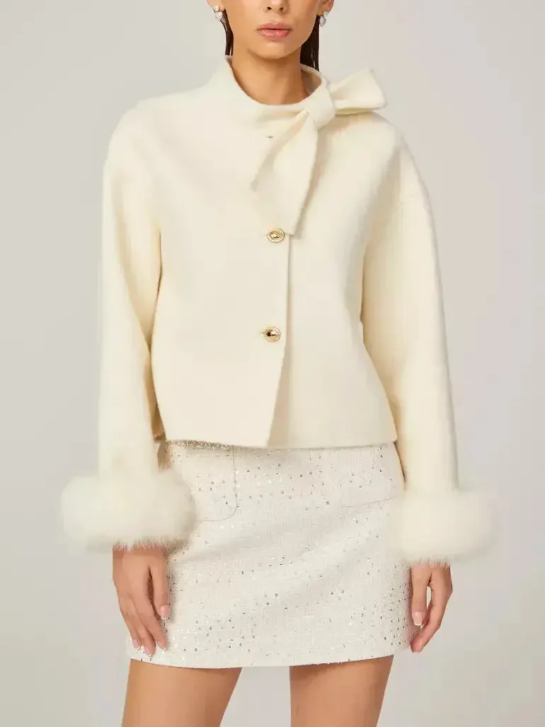 Bow-Neck Cropped Wool Jacket with Fur Cuffs