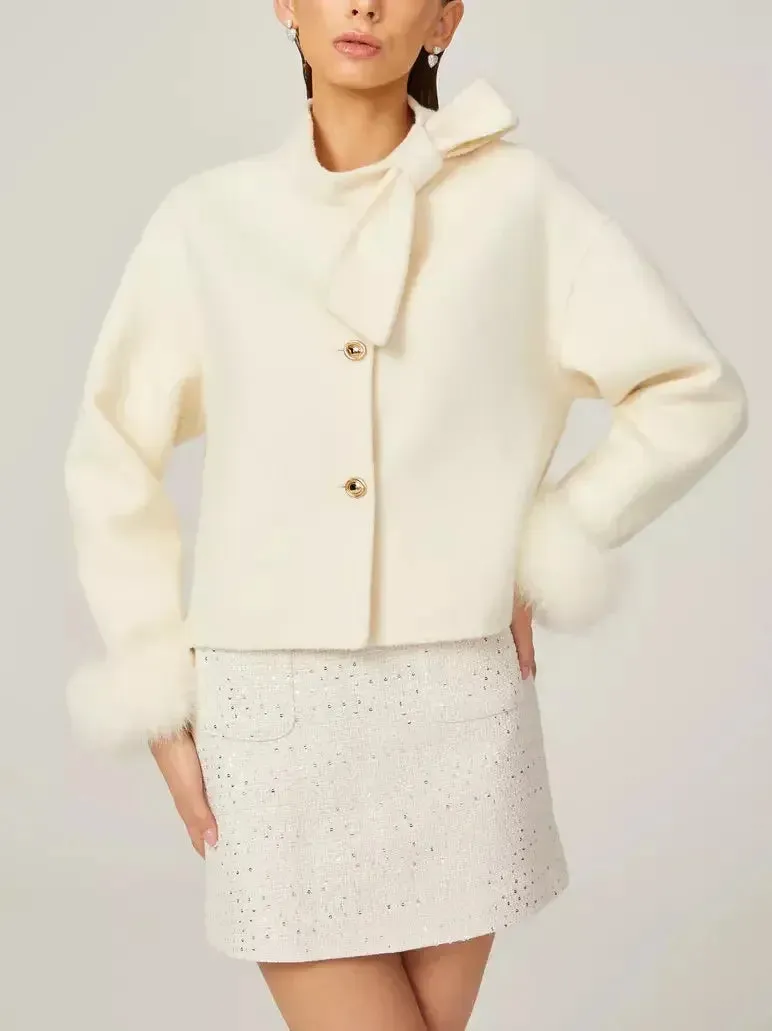 Bow-Neck Cropped Wool Jacket with Fur Cuffs