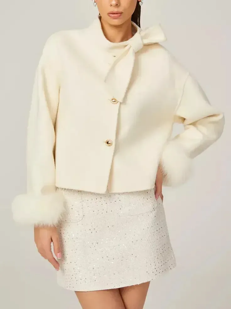 Bow-Neck Cropped Wool Jacket with Fur Cuffs