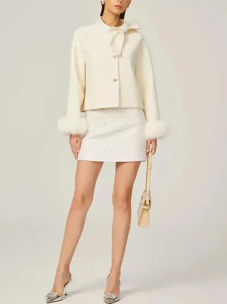 Bow-Neck Cropped Wool Jacket with Fur Cuffs