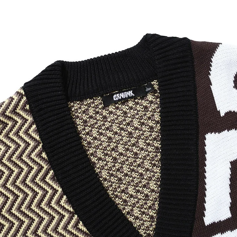 Brown Stripe Jacquard V-Neck Cardigans