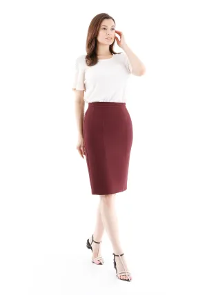 Burgundy Double Slit Pencil Knee Length Skirt