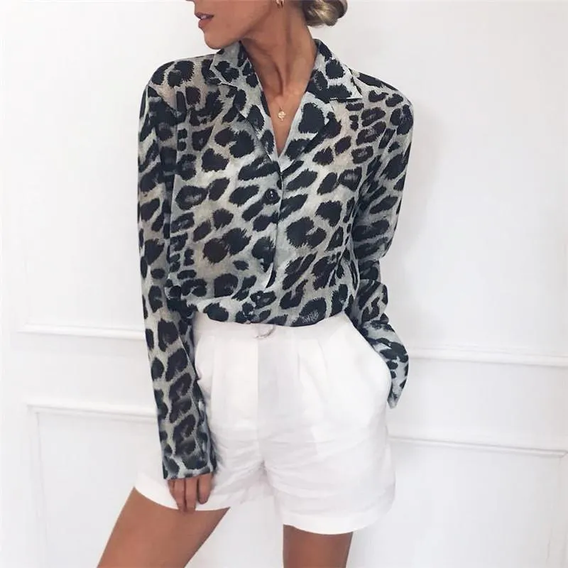 Casual Long Sleeves Leopard Print Chiffon Shirts