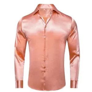 Coral Pink Satin Silk Men's Long Sleeve Shirt