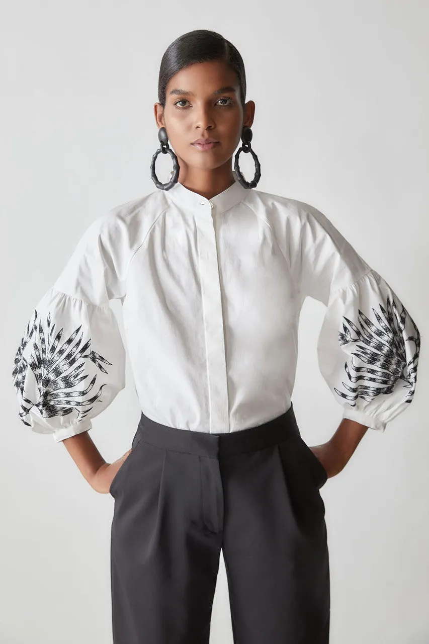 Cotton Poplin Embroidered Sleeve Shirt