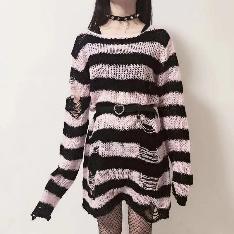 Fashionkova  Gothic Grunge Striped Knitted Sweater Women Long Pullovers Loose Thin Punk Sweaters Jumpers Mujer Jersey Chic Streetwear