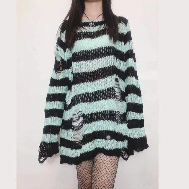 Fashionkova  Gothic Grunge Striped Knitted Sweater Women Long Pullovers Loose Thin Punk Sweaters Jumpers Mujer Jersey Chic Streetwear