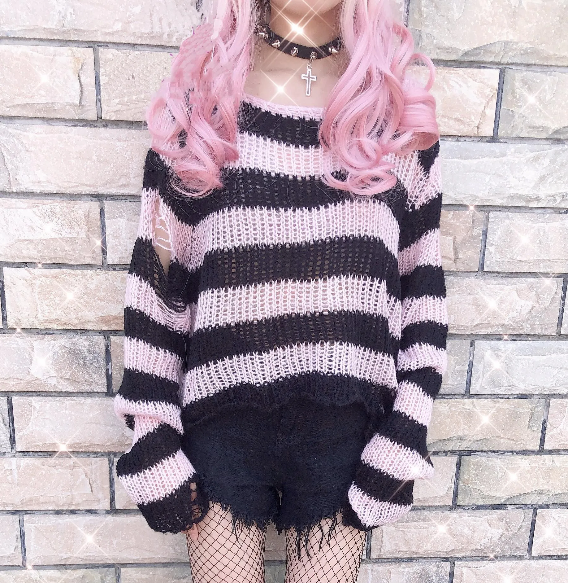 Fashionkova  Gothic Grunge Striped Knitted Sweater Women Long Pullovers Loose Thin Punk Sweaters Jumpers Mujer Jersey Chic Streetwear