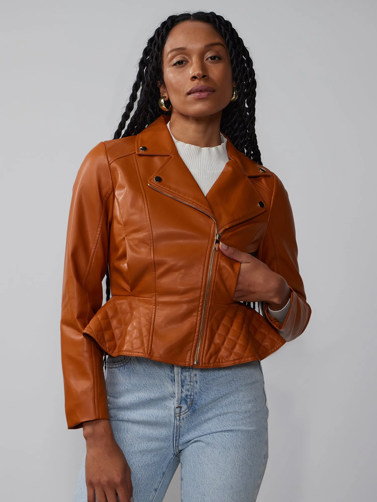 Faux-Leather Moto Peplum Jacket