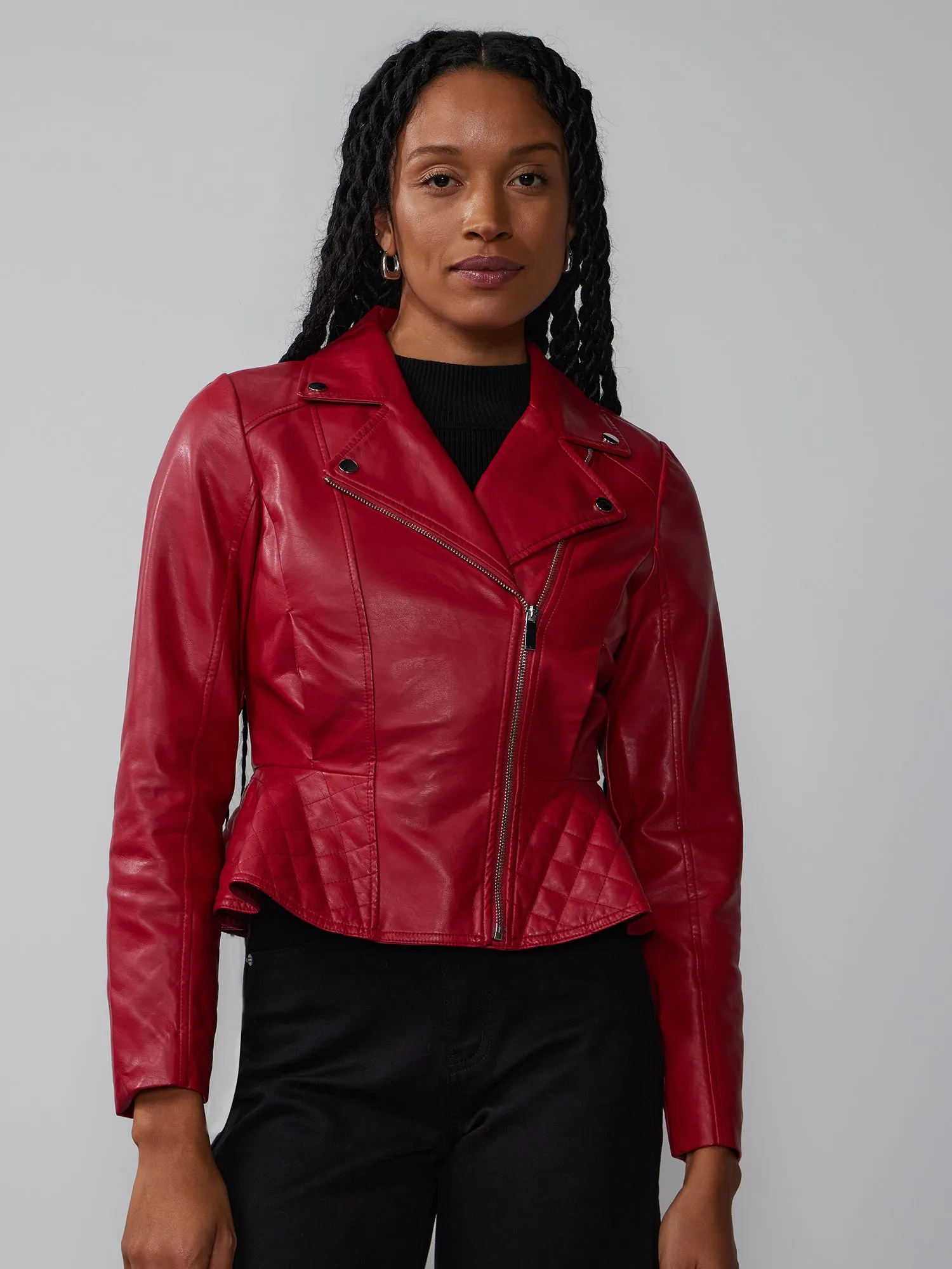 Faux-Leather Moto Peplum Jacket