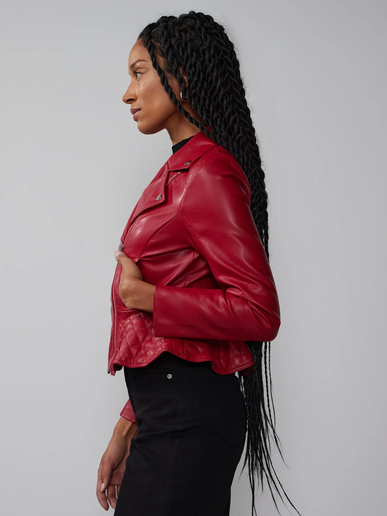 Faux-Leather Moto Peplum Jacket