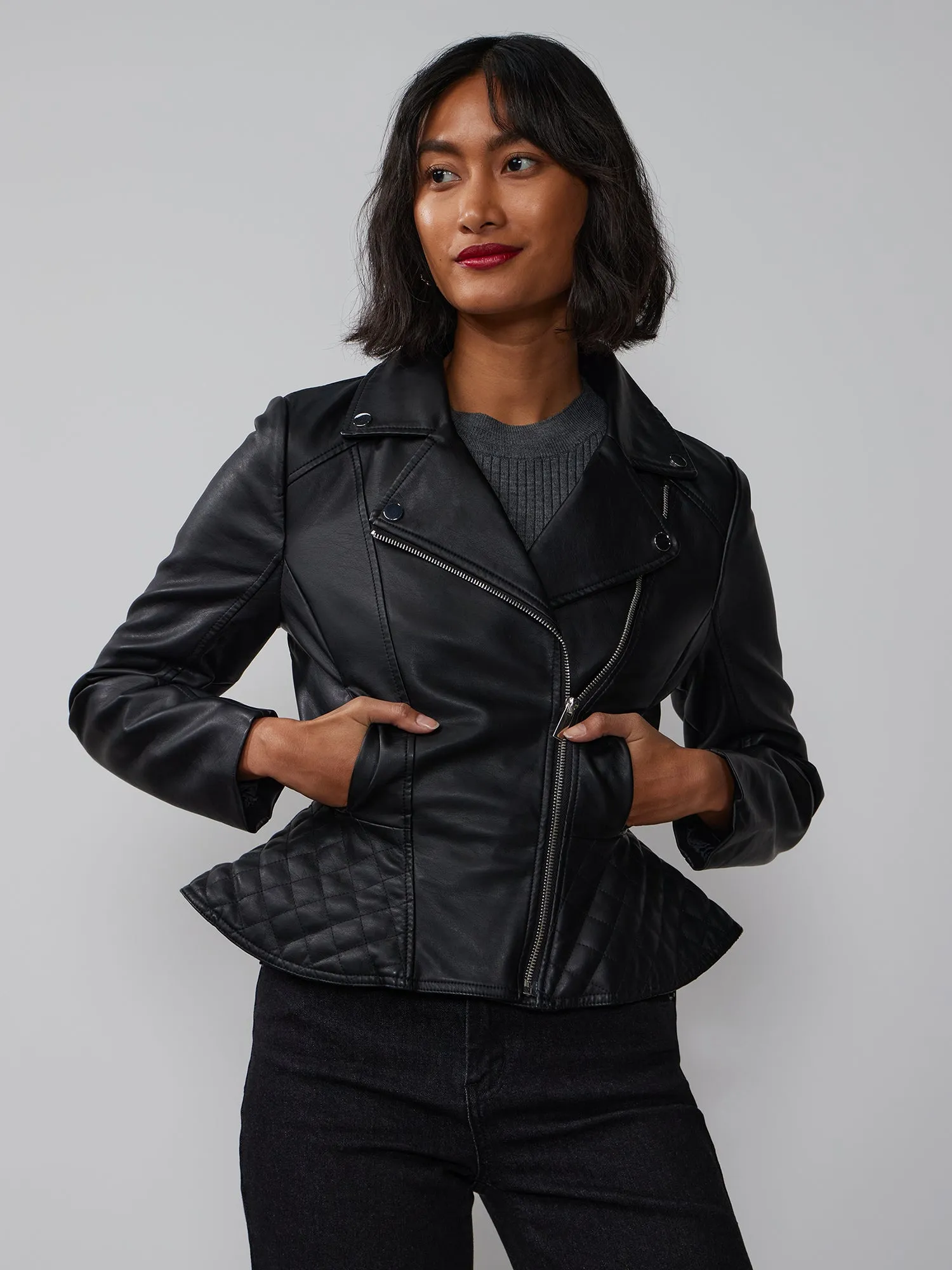 Faux-Leather Moto Peplum Jacket