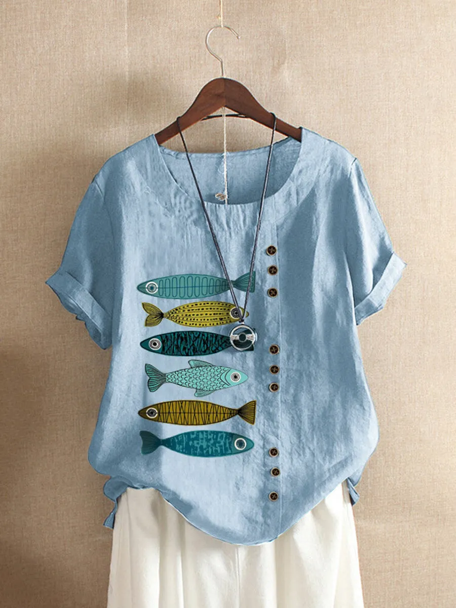 Fish Print Ladies Casual Short Sleeve Top