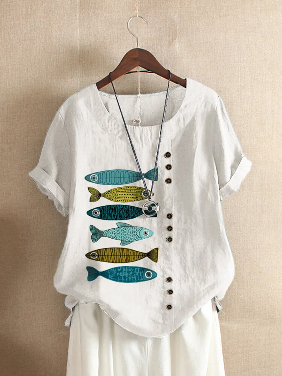 Fish Print Ladies Casual Short Sleeve Top