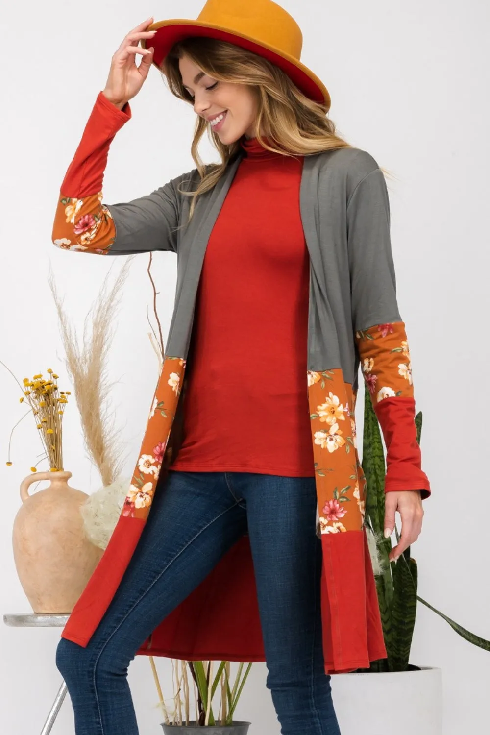 Floral Color Block Open Front Cardigan