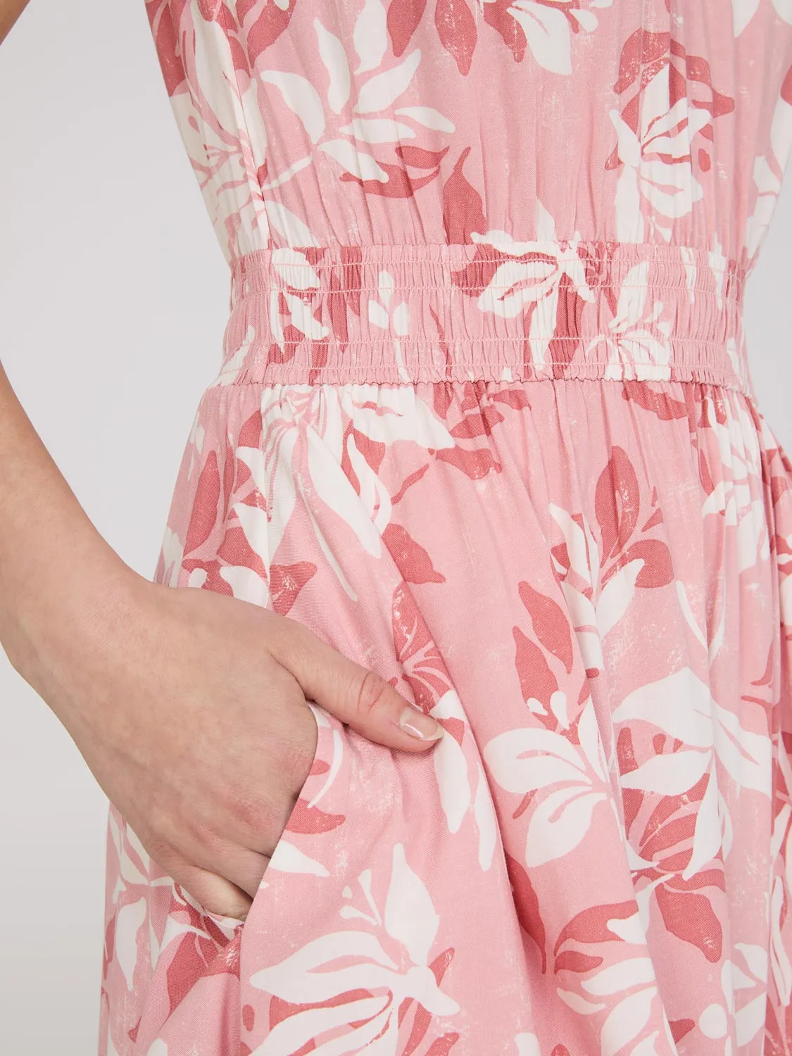 Floral Print Midi Dress With Smocked Details