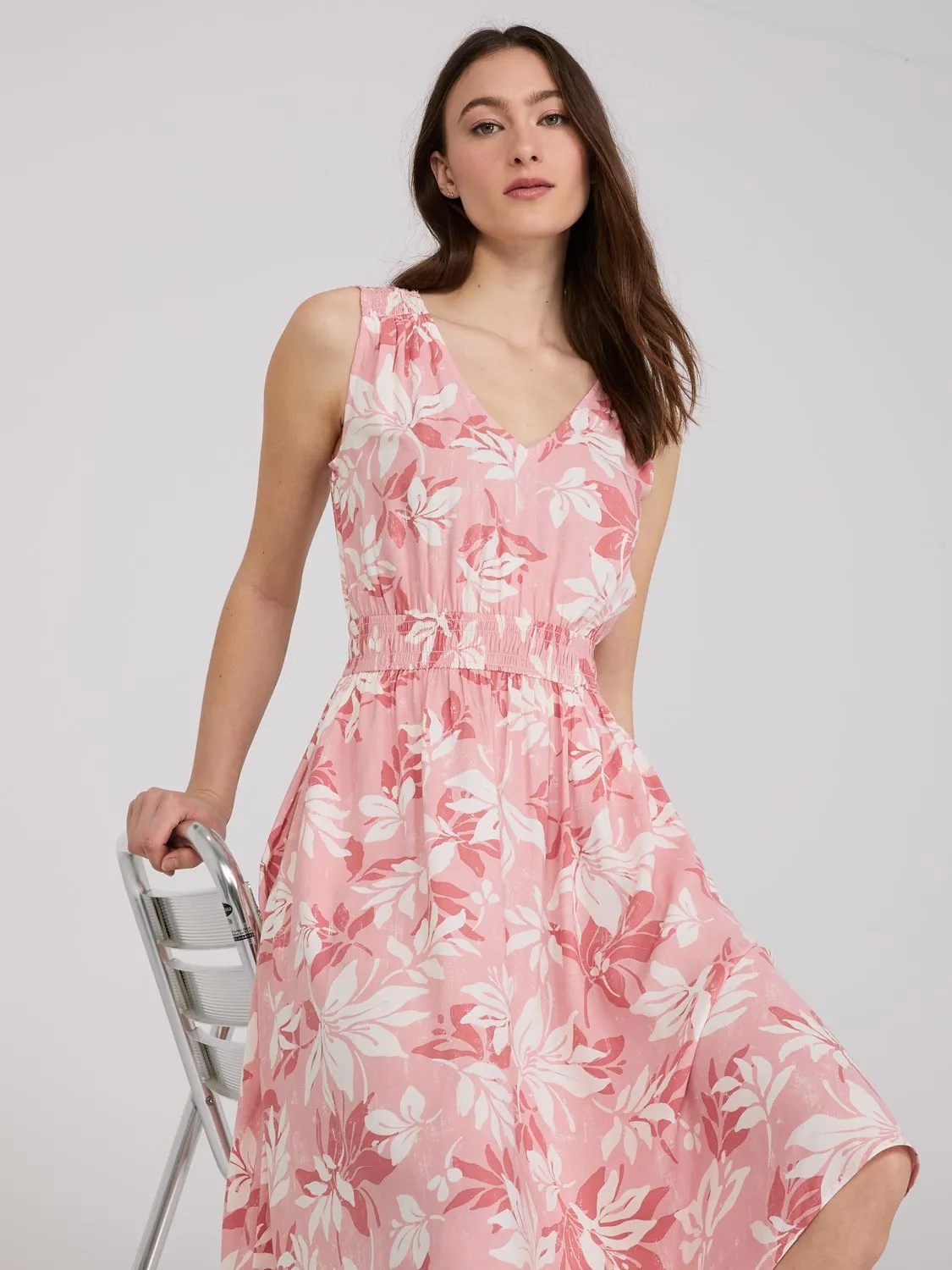 Floral Print Midi Dress With Smocked Details