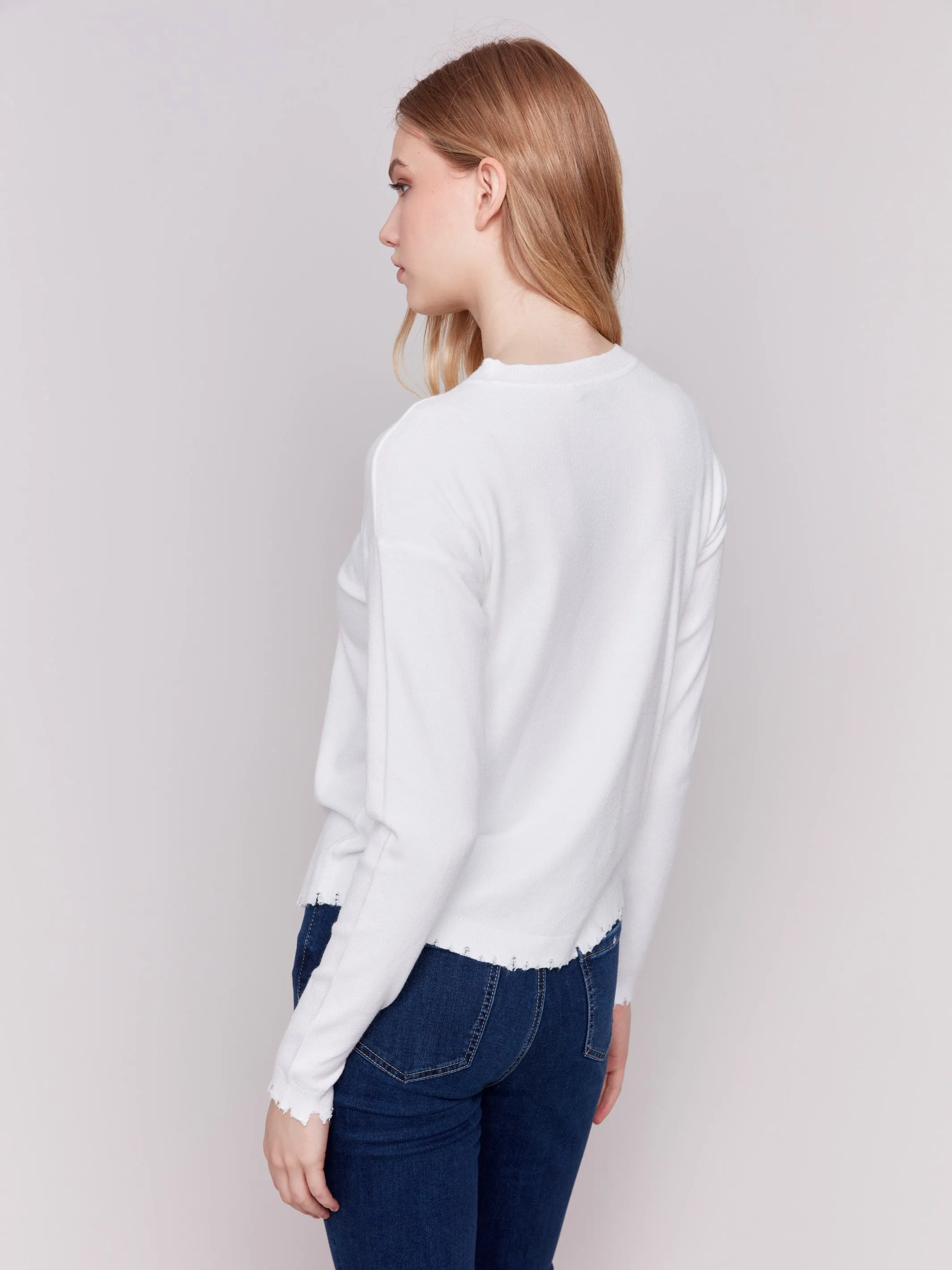 Frayed Edge Round Hem Sweater - Cream