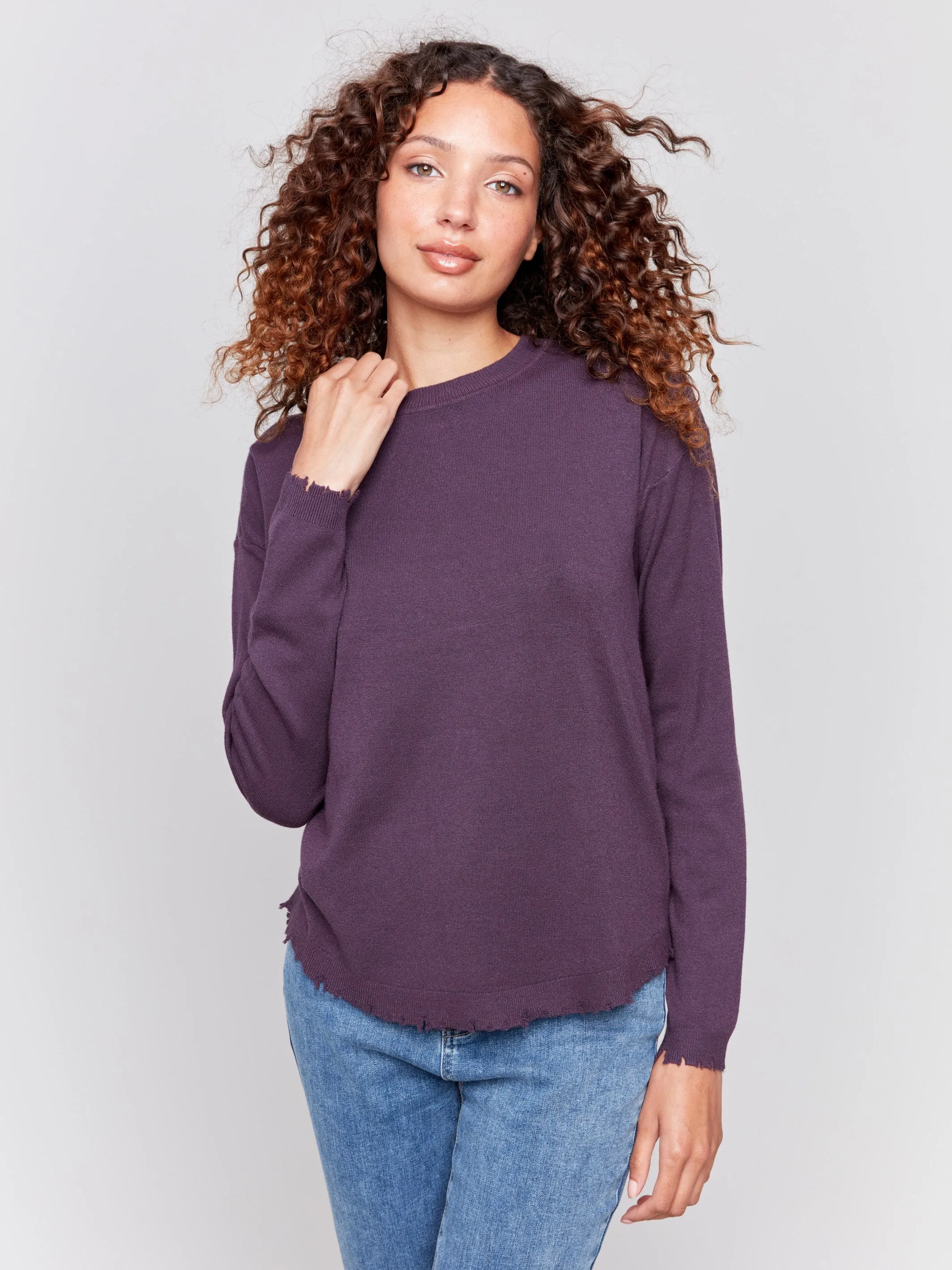 Frayed Edge Round Hem Sweater - Plum