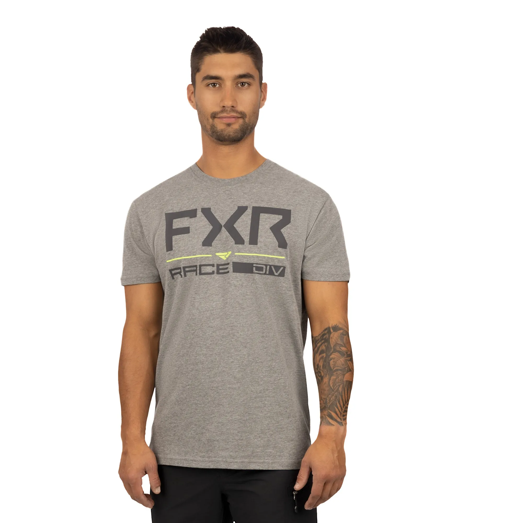 FXR  Mens Race Division Premium T-Shirt Grey Heather HiVis Screen Print Cotton