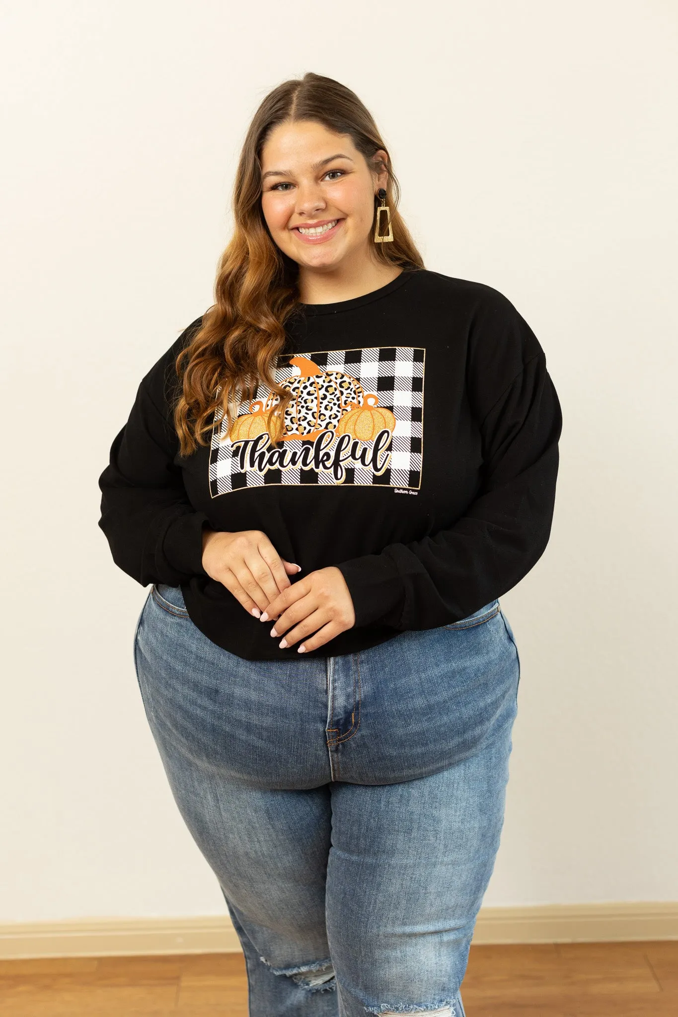 Gingham Thankful on Black Crop Sweatshirt