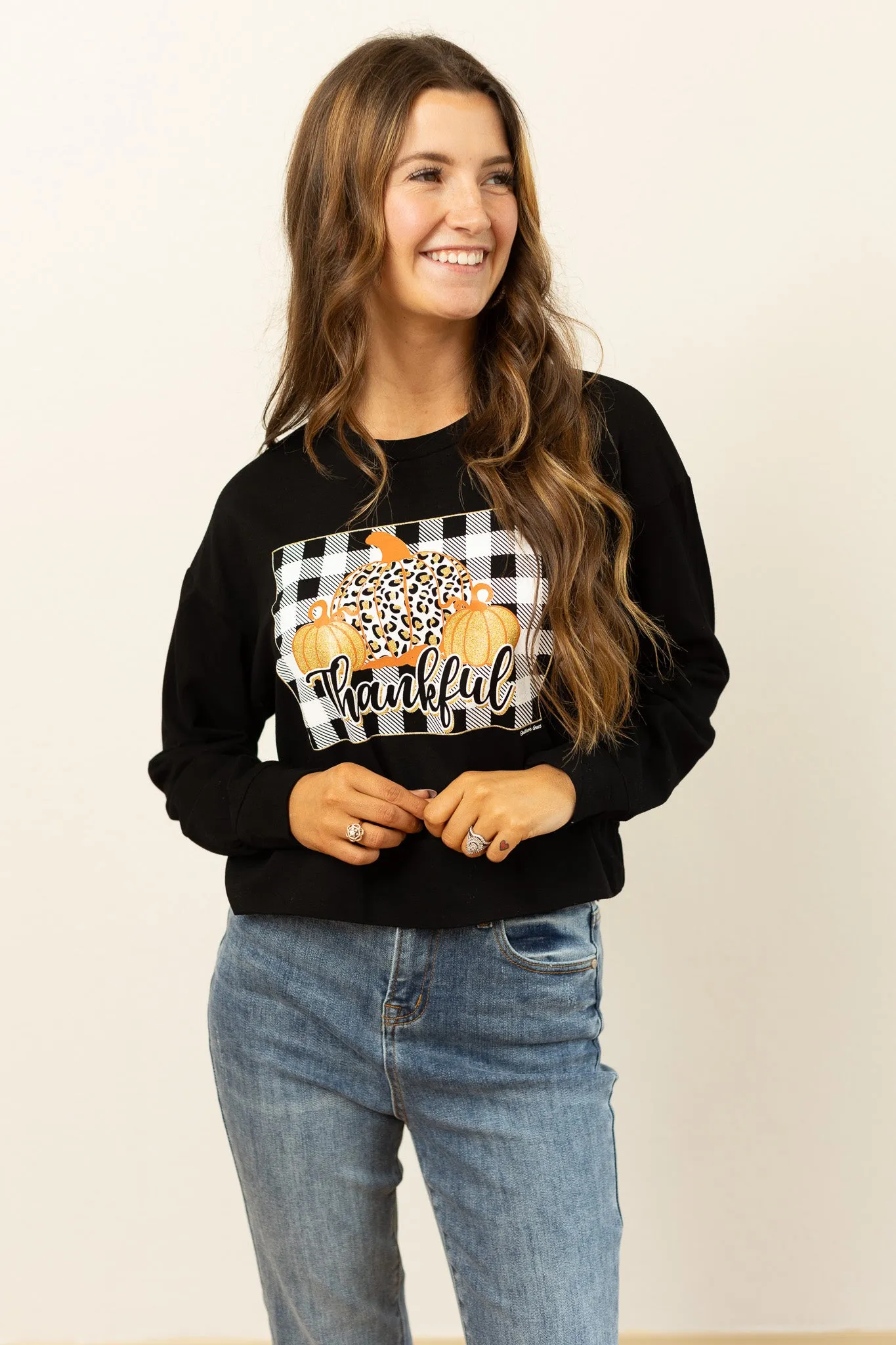 Gingham Thankful on Black Crop Sweatshirt