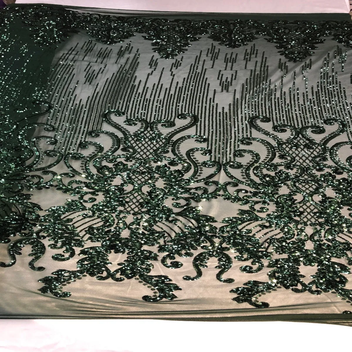 Hunter Green Alta Striped Damask Sequins Lace Fabric