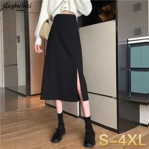 Joskaa Skirts Women Black High-waist Side-split Midi Skirt Ladies Stretchy Body-con A-line Vintage Elegant All-match Simple Fashion New