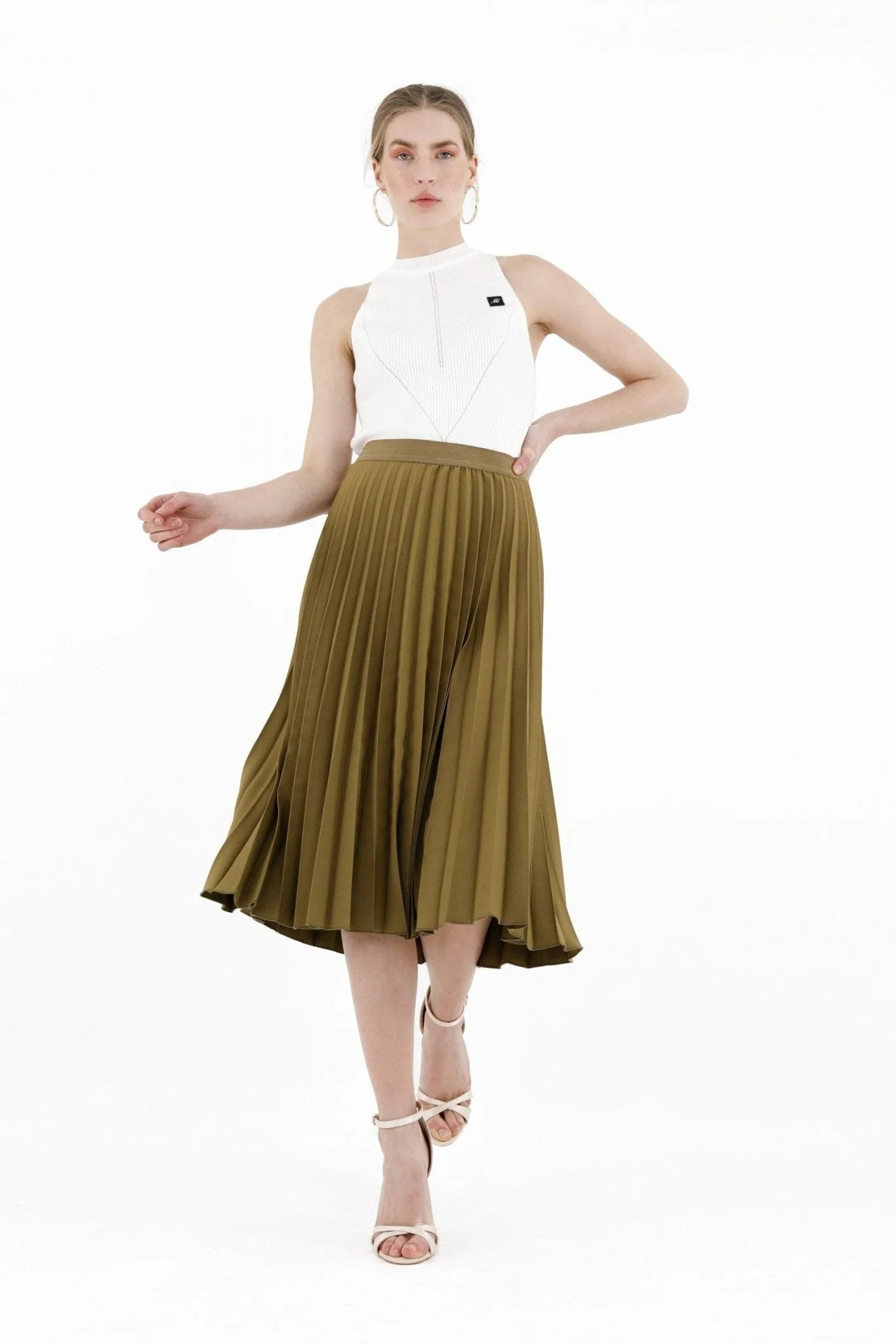 Khaki Pleated Skirt High Waist Elastic Waist Band Midi Skirt