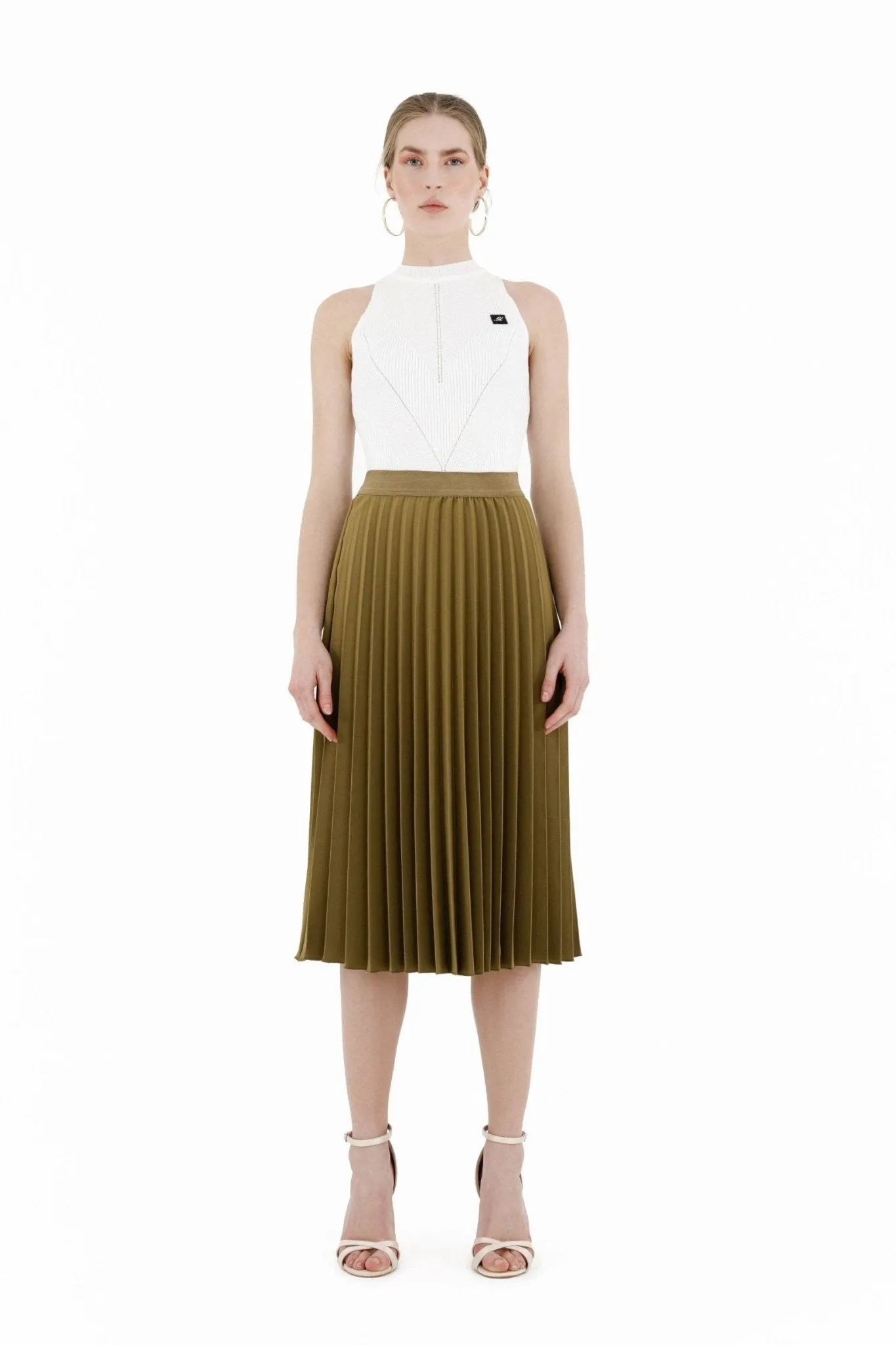 Khaki Pleated Skirt High Waist Elastic Waist Band Midi Skirt