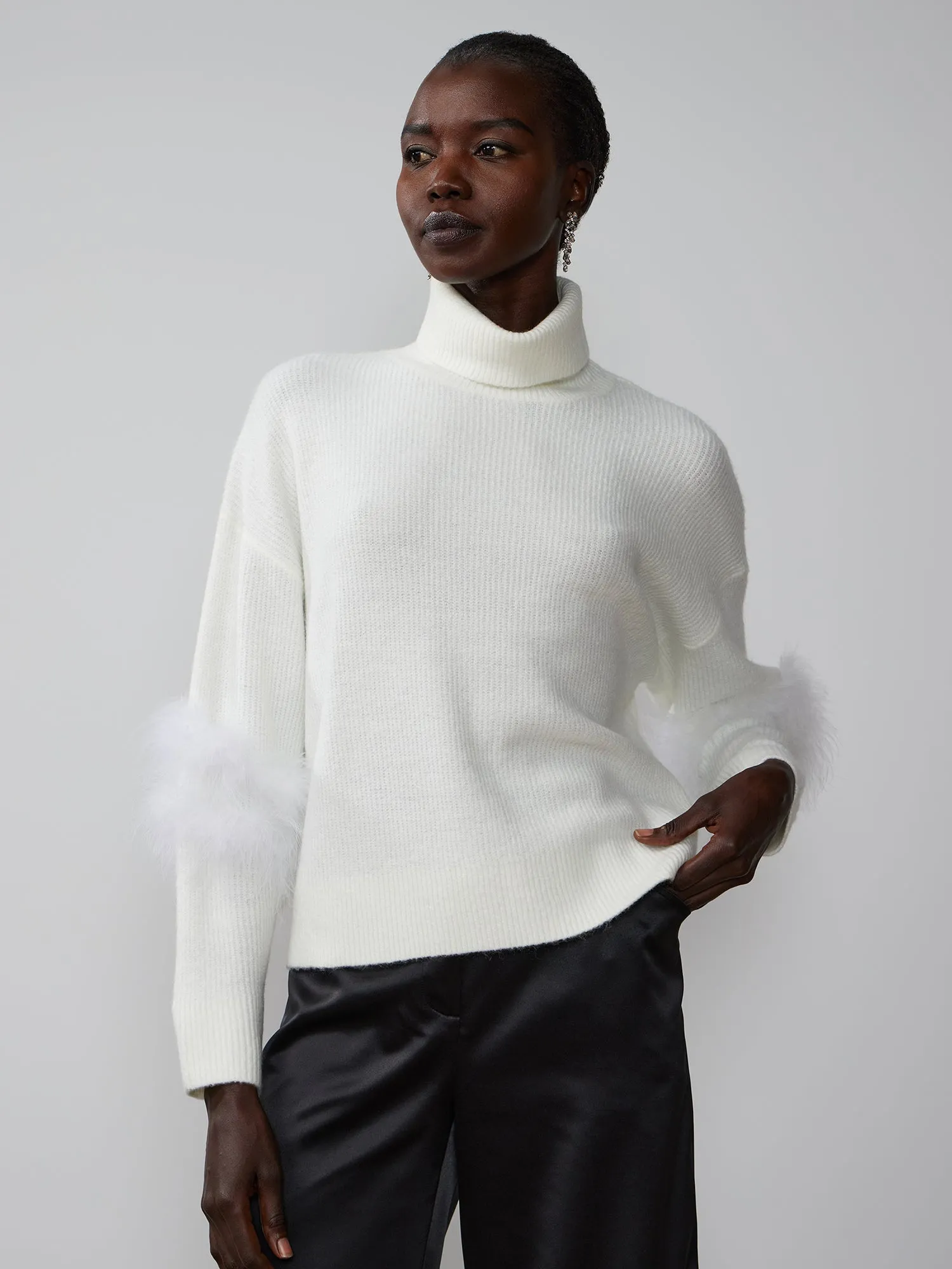 Long Feather Sleeve Turtleneck Sweater