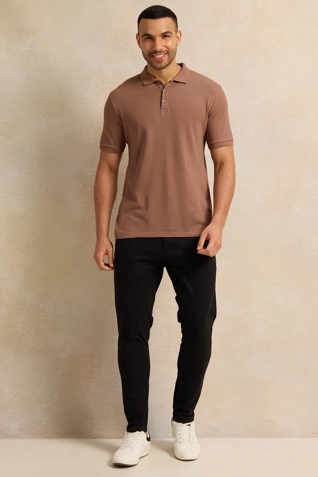 Men Beige Basic Pique Polo Shirt