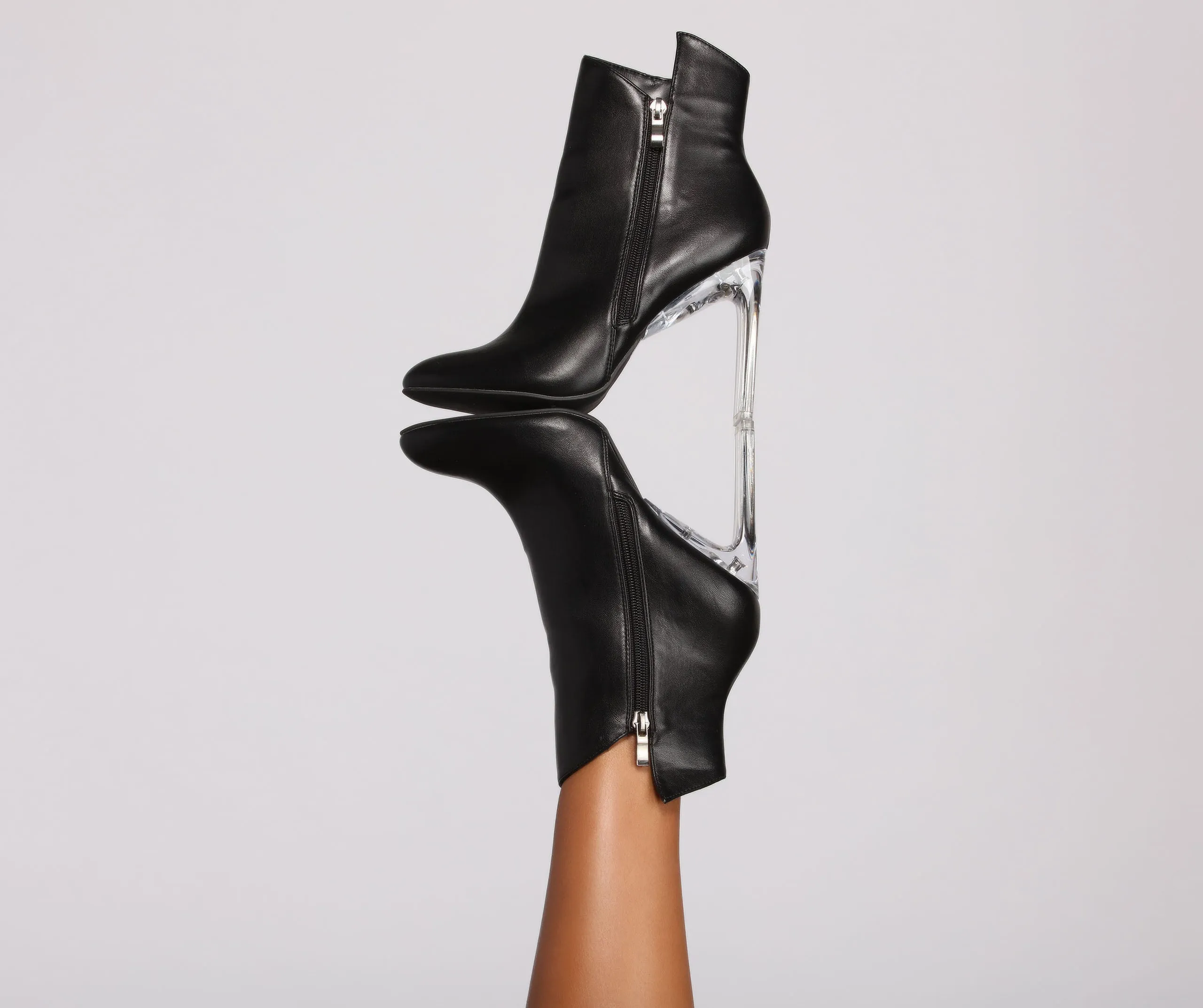 Moving On Faux Leather Lucite Booties